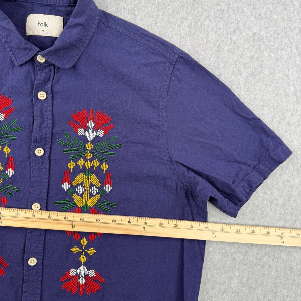 Folk Clothing Shirt Mens Medium Blue Linen Blend Short Sleeve Embroidered Resort - Picture 6 of 8